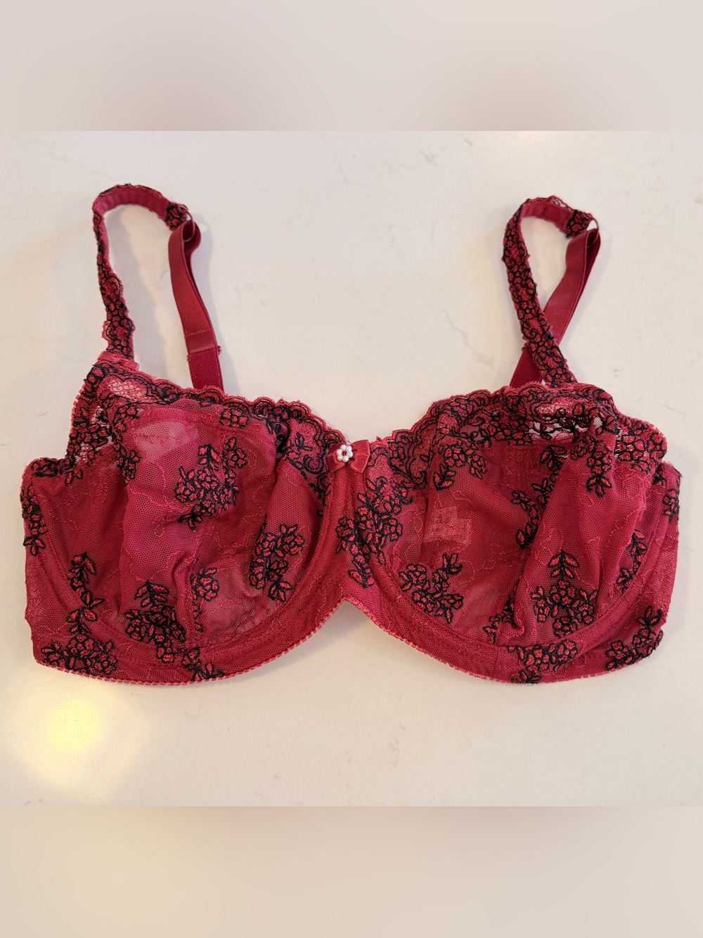 Felina Red & Black Sheer Lace Embroidered Bra Elegance